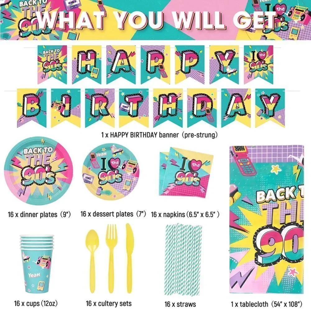 90’s Birthday Party decorations Serves 16, set of 130 NWT